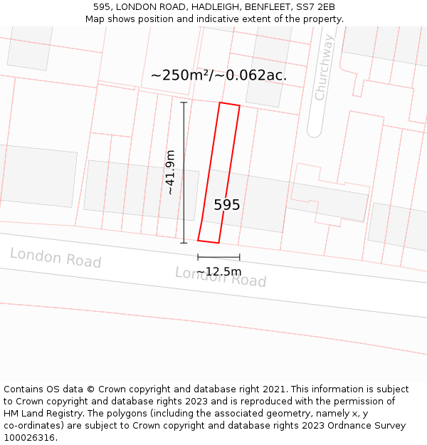 595, LONDON ROAD, HADLEIGH, BENFLEET, SS7 2EB: Plot and title map