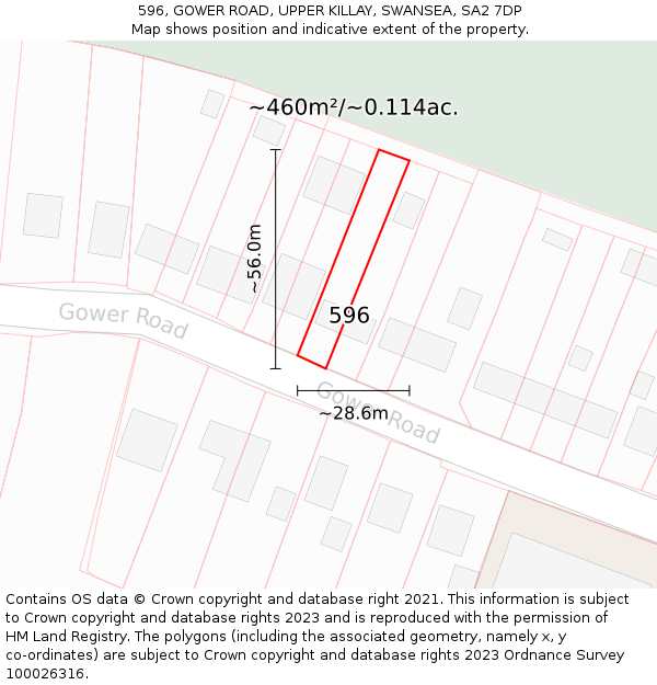 596, GOWER ROAD, UPPER KILLAY, SWANSEA, SA2 7DP: Plot and title map