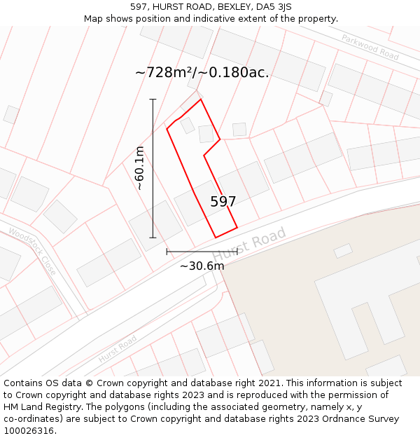 597, HURST ROAD, BEXLEY, DA5 3JS: Plot and title map