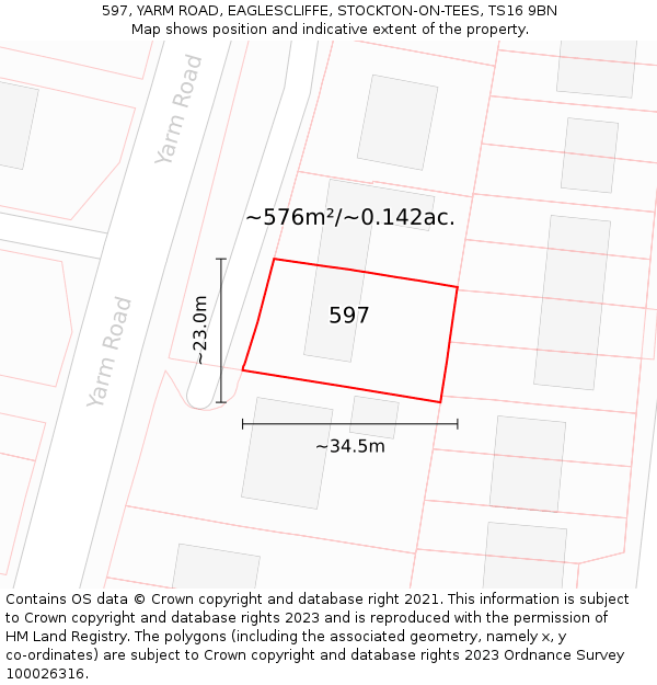 597, YARM ROAD, EAGLESCLIFFE, STOCKTON-ON-TEES, TS16 9BN: Plot and title map