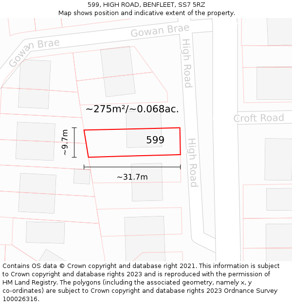 599, HIGH ROAD, BENFLEET, SS7 5RZ: Plot and title map