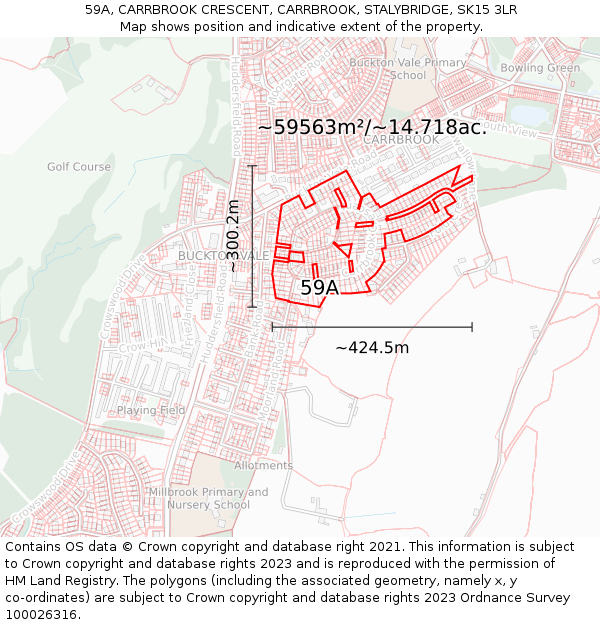 59A, CARRBROOK CRESCENT, CARRBROOK, STALYBRIDGE, SK15 3LR: Plot and title map