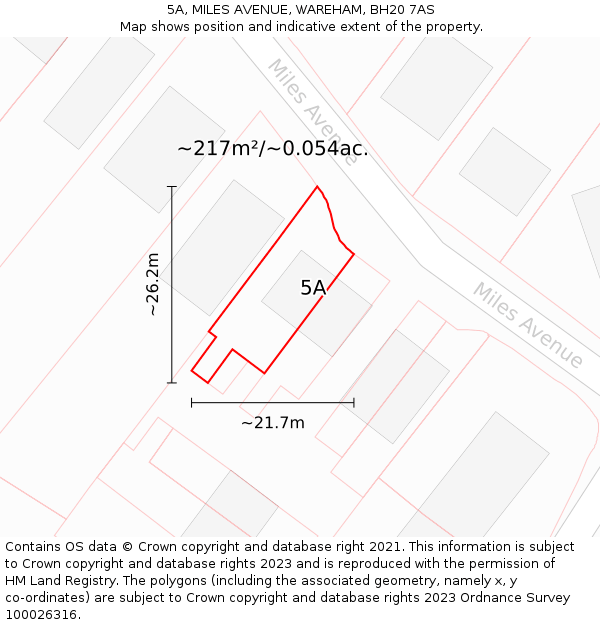5A, MILES AVENUE, WAREHAM, BH20 7AS: Plot and title map