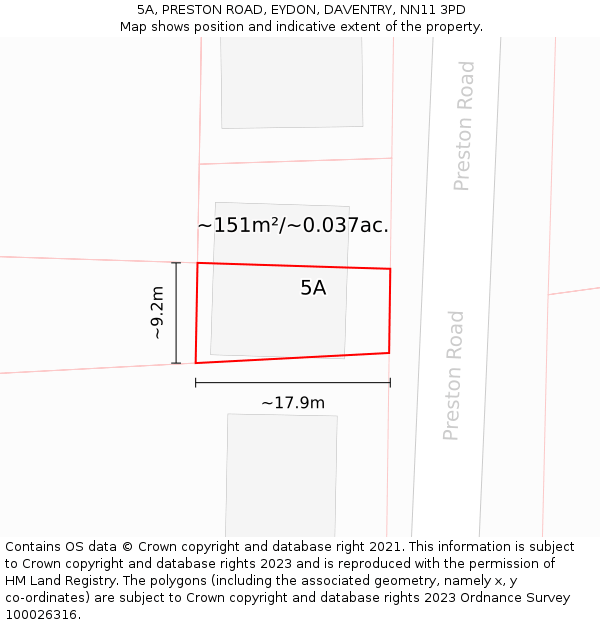 5A, PRESTON ROAD, EYDON, DAVENTRY, NN11 3PD: Plot and title map