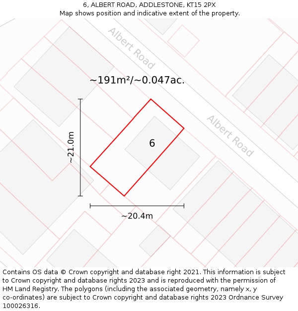 6, ALBERT ROAD, ADDLESTONE, KT15 2PX: Plot and title map