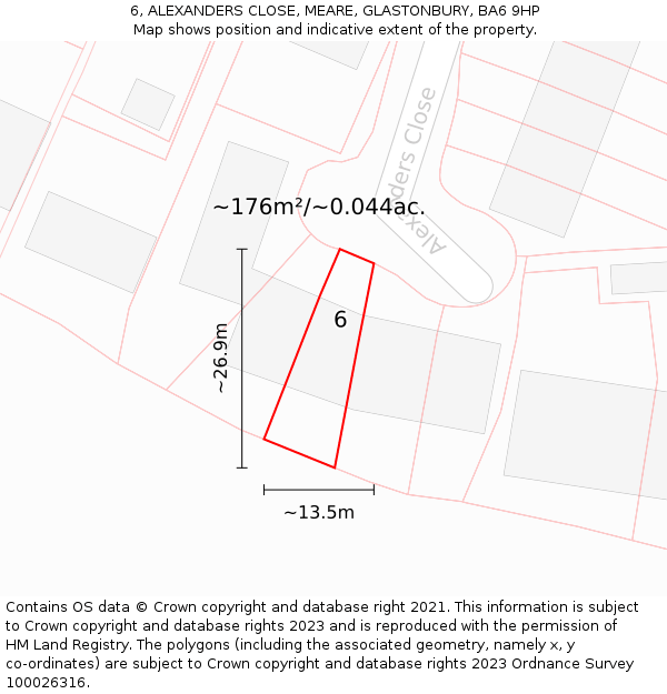 6, ALEXANDERS CLOSE, MEARE, GLASTONBURY, BA6 9HP: Plot and title map