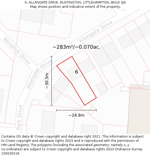 6, ALLANGATE DRIVE, RUSTINGTON, LITTLEHAMPTON, BN16 3JG: Plot and title map