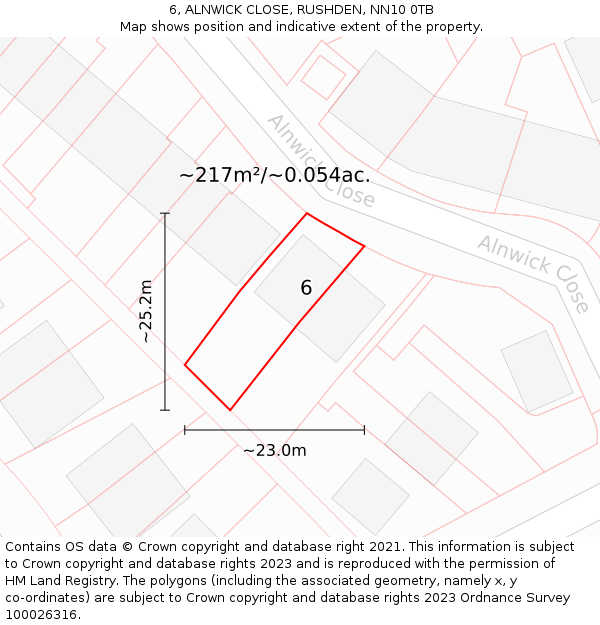 6, ALNWICK CLOSE, RUSHDEN, NN10 0TB: Plot and title map