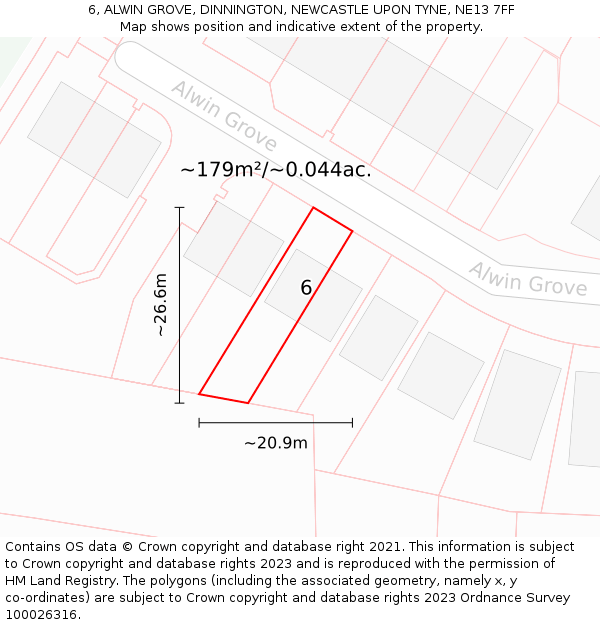 6, ALWIN GROVE, DINNINGTON, NEWCASTLE UPON TYNE, NE13 7FF: Plot and title map