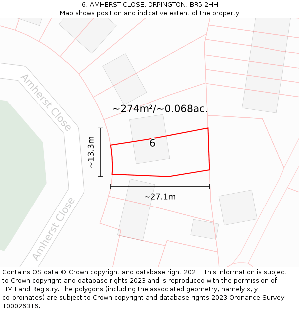 6, AMHERST CLOSE, ORPINGTON, BR5 2HH: Plot and title map