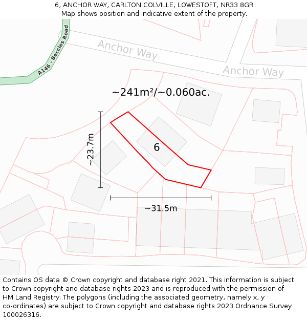 6, ANCHOR WAY, CARLTON COLVILLE, LOWESTOFT, NR33 8GR: Plot and title map