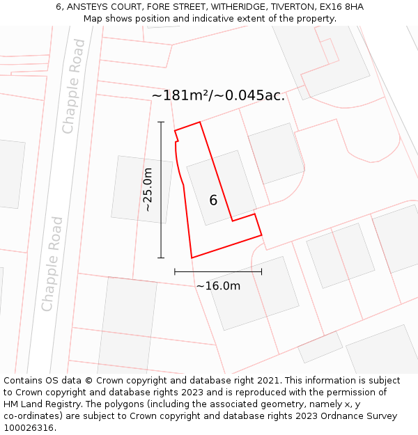 6, ANSTEYS COURT, FORE STREET, WITHERIDGE, TIVERTON, EX16 8HA: Plot and title map