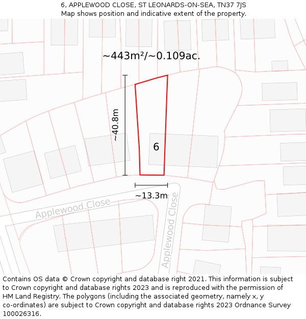 6, APPLEWOOD CLOSE, ST LEONARDS-ON-SEA, TN37 7JS: Plot and title map