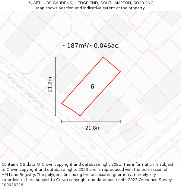 6, ARTHURS GARDENS, HEDGE END, SOUTHAMPTON, SO30 2NG: Plot and title map