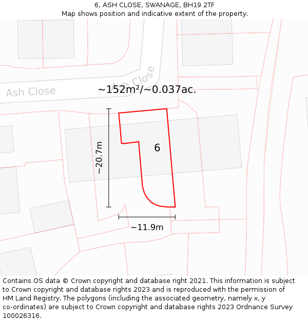 6, ASH CLOSE, SWANAGE, BH19 2TF: Plot and title map