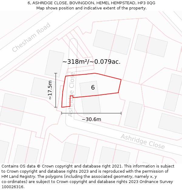 6, ASHRIDGE CLOSE, BOVINGDON, HEMEL HEMPSTEAD, HP3 0QG: Plot and title map