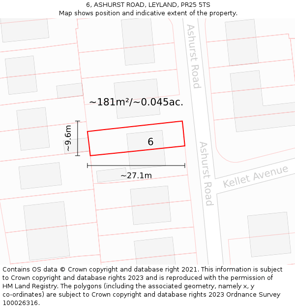 6, ASHURST ROAD, LEYLAND, PR25 5TS: Plot and title map