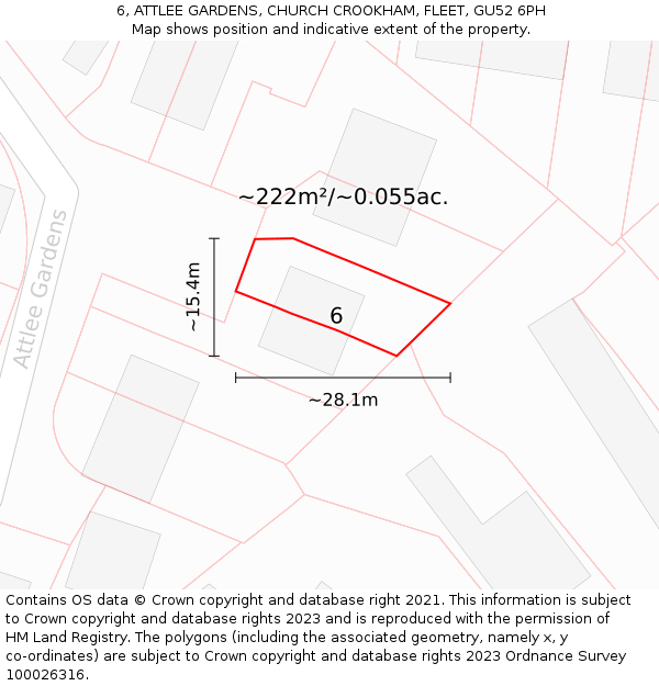 6, ATTLEE GARDENS, CHURCH CROOKHAM, FLEET, GU52 6PH: Plot and title map