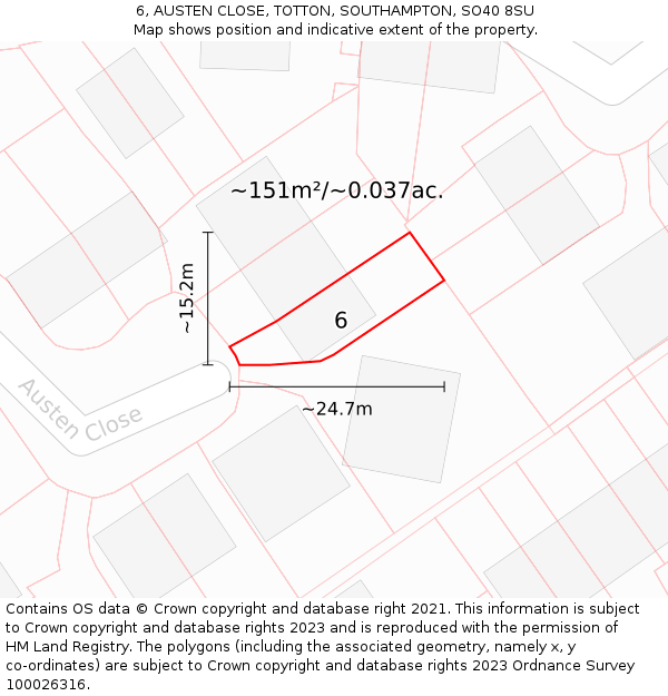 6, AUSTEN CLOSE, TOTTON, SOUTHAMPTON, SO40 8SU: Plot and title map