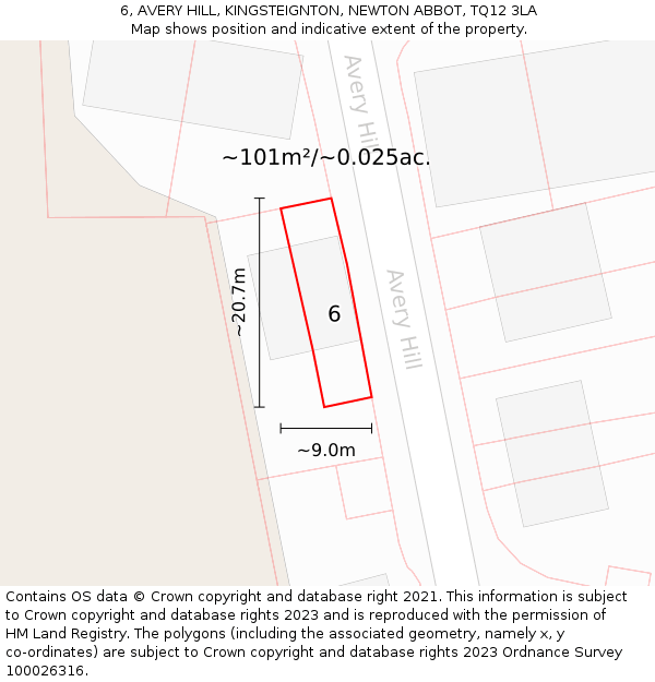 6, AVERY HILL, KINGSTEIGNTON, NEWTON ABBOT, TQ12 3LA: Plot and title map