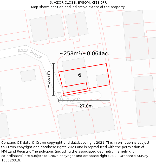6, AZOR CLOSE, EPSOM, KT18 5FR: Plot and title map
