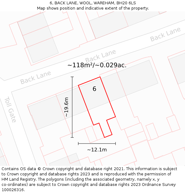 6, BACK LANE, WOOL, WAREHAM, BH20 6LS: Plot and title map