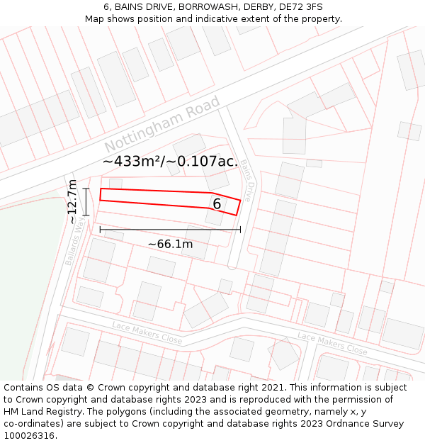 6, BAINS DRIVE, BORROWASH, DERBY, DE72 3FS: Plot and title map