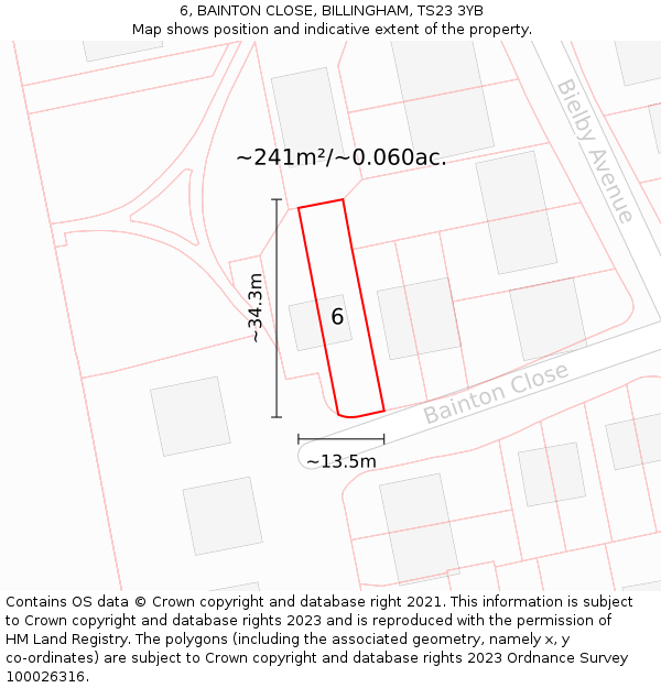 6, BAINTON CLOSE, BILLINGHAM, TS23 3YB: Plot and title map