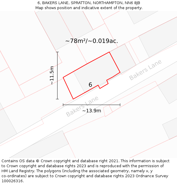 6, BAKERS LANE, SPRATTON, NORTHAMPTON, NN6 8JB: Plot and title map