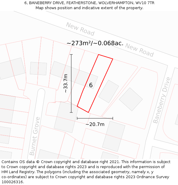 6, BANEBERRY DRIVE, FEATHERSTONE, WOLVERHAMPTON, WV10 7TR: Plot and title map