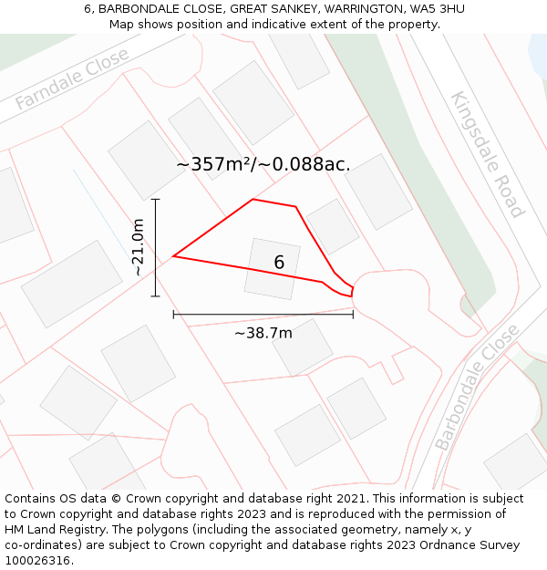 6, BARBONDALE CLOSE, GREAT SANKEY, WARRINGTON, WA5 3HU: Plot and title map