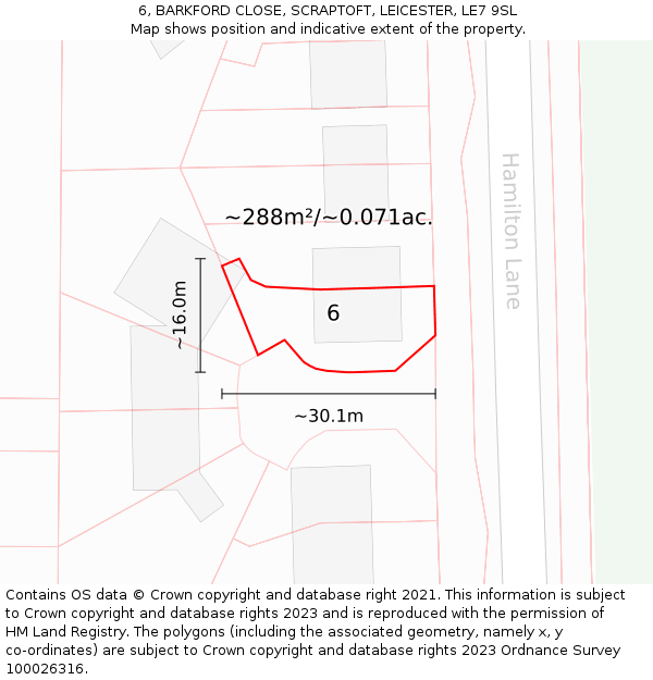 6, BARKFORD CLOSE, SCRAPTOFT, LEICESTER, LE7 9SL: Plot and title map