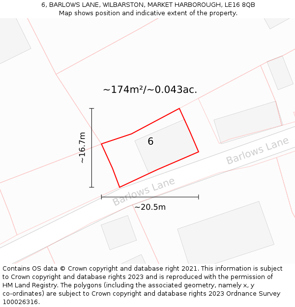 6, BARLOWS LANE, WILBARSTON, MARKET HARBOROUGH, LE16 8QB: Plot and title map