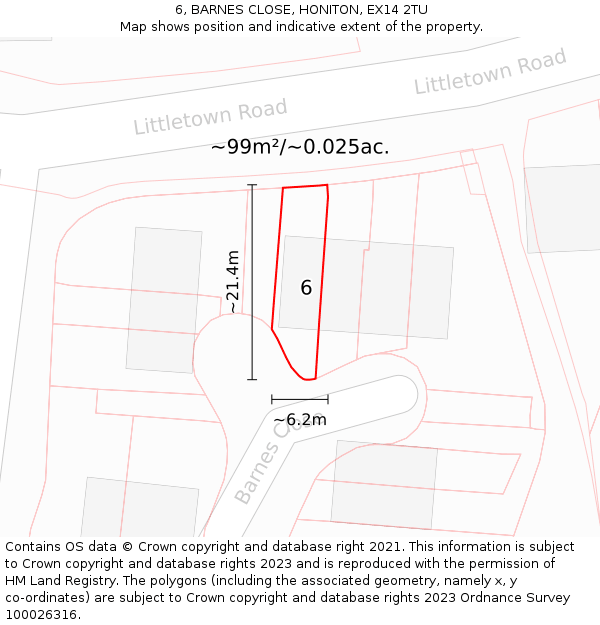 6, BARNES CLOSE, HONITON, EX14 2TU: Plot and title map