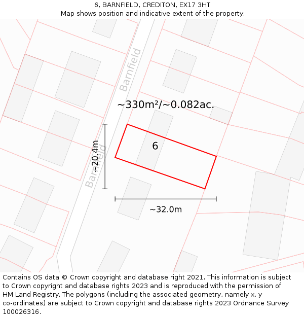 6, BARNFIELD, CREDITON, EX17 3HT: Plot and title map