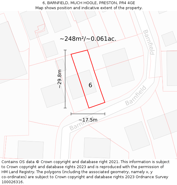 6, BARNFIELD, MUCH HOOLE, PRESTON, PR4 4GE: Plot and title map