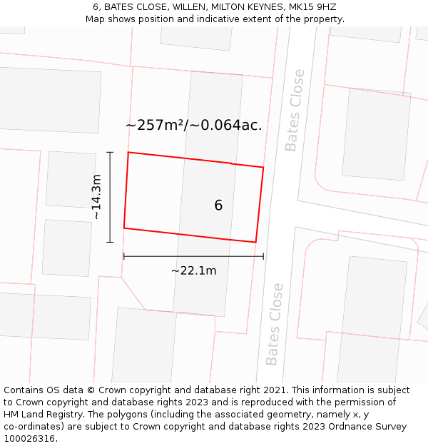 6, BATES CLOSE, WILLEN, MILTON KEYNES, MK15 9HZ: Plot and title map