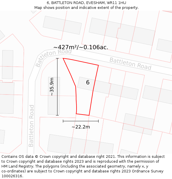 6, BATTLETON ROAD, EVESHAM, WR11 1HU: Plot and title map