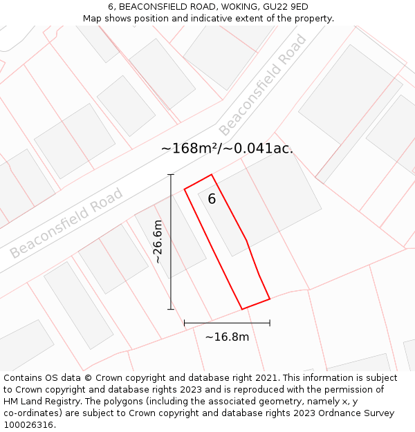 6, BEACONSFIELD ROAD, WOKING, GU22 9ED: Plot and title map