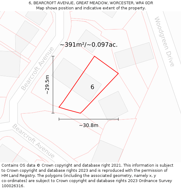 6, BEARCROFT AVENUE, GREAT MEADOW, WORCESTER, WR4 0DR: Plot and title map