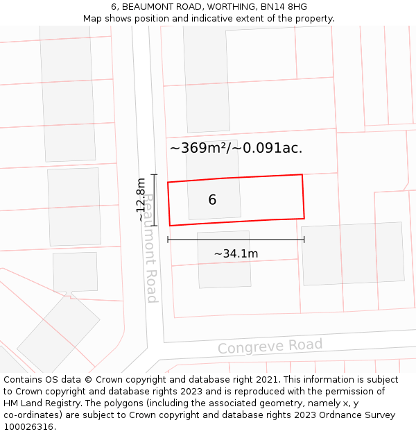 6, BEAUMONT ROAD, WORTHING, BN14 8HG: Plot and title map