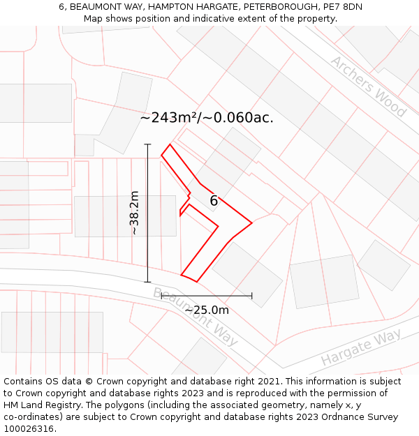 6, BEAUMONT WAY, HAMPTON HARGATE, PETERBOROUGH, PE7 8DN: Plot and title map