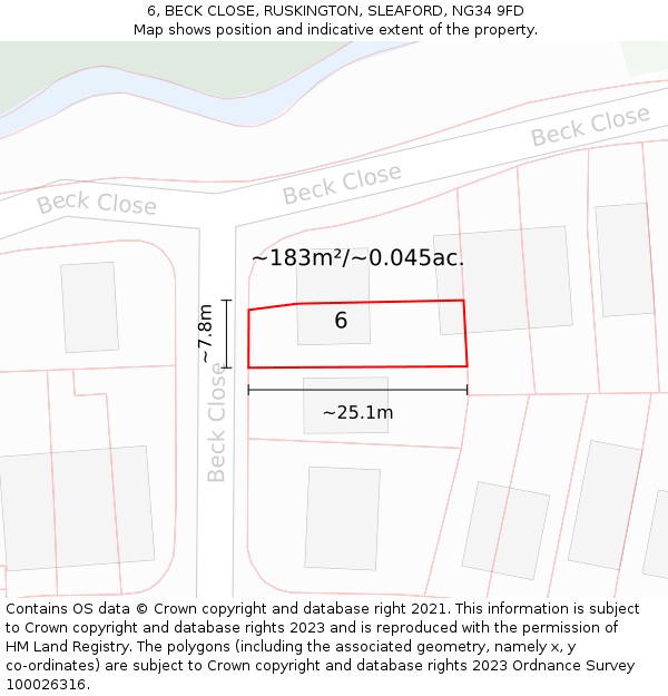6, BECK CLOSE, RUSKINGTON, SLEAFORD, NG34 9FD: Plot and title map