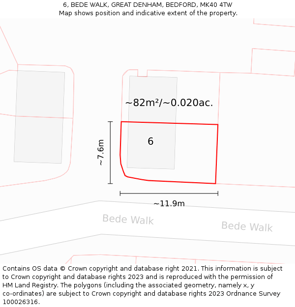 6, BEDE WALK, GREAT DENHAM, BEDFORD, MK40 4TW: Plot and title map