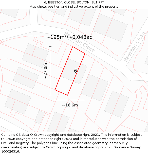 6, BEESTON CLOSE, BOLTON, BL1 7RT: Plot and title map