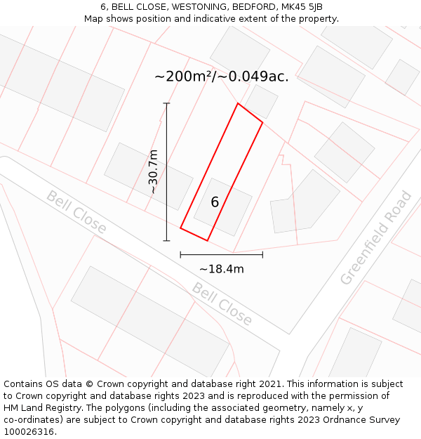 6, BELL CLOSE, WESTONING, BEDFORD, MK45 5JB: Plot and title map