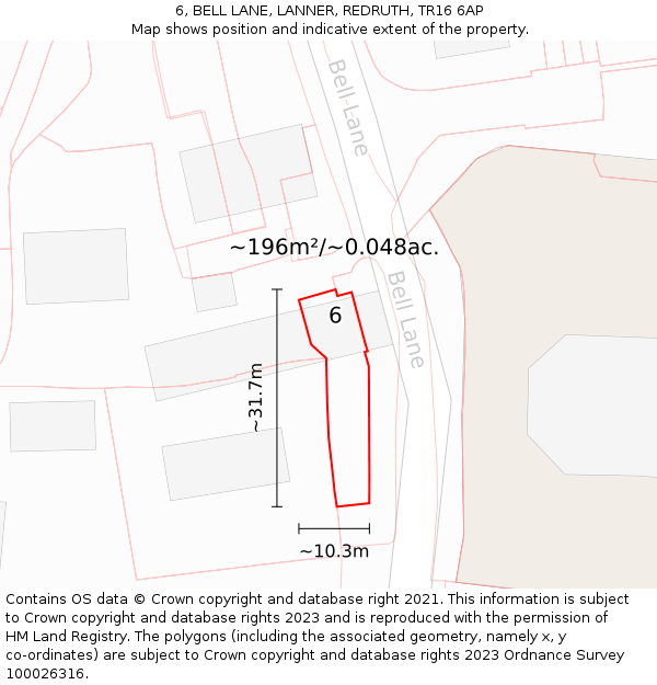 6, BELL LANE, LANNER, REDRUTH, TR16 6AP: Plot and title map