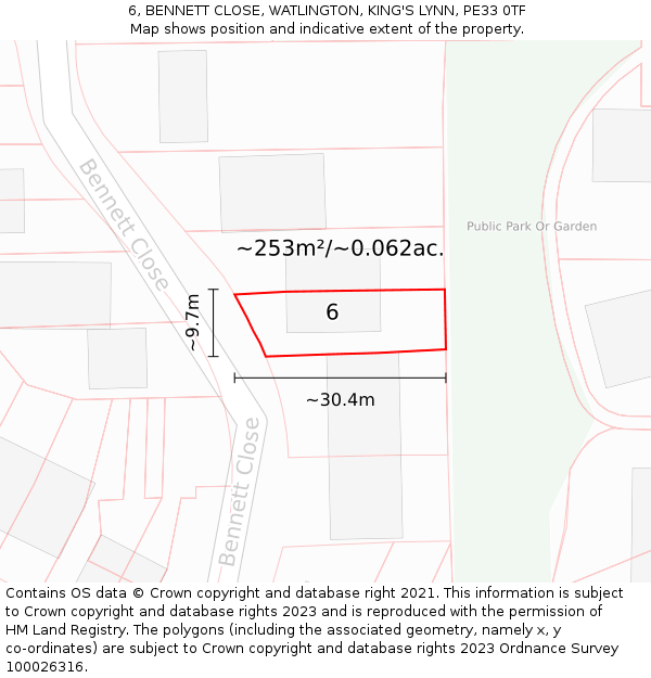 6, BENNETT CLOSE, WATLINGTON, KING'S LYNN, PE33 0TF: Plot and title map