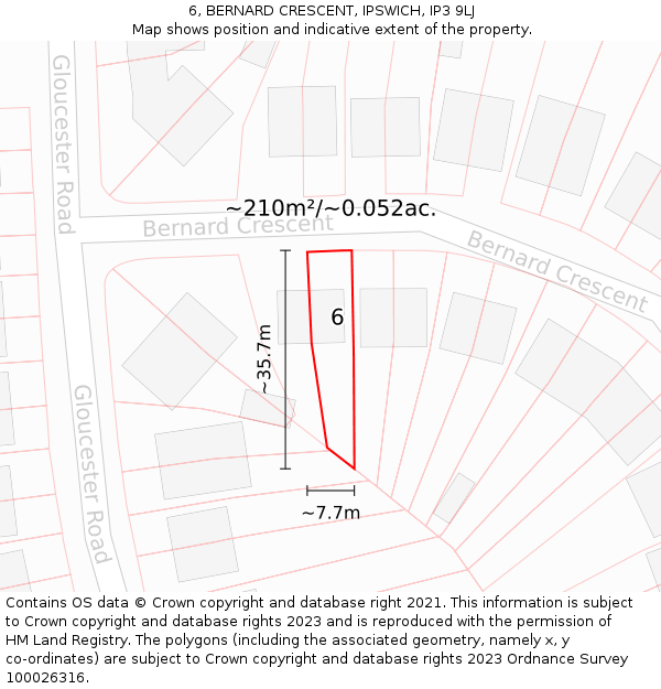 6, BERNARD CRESCENT, IPSWICH, IP3 9LJ: Plot and title map