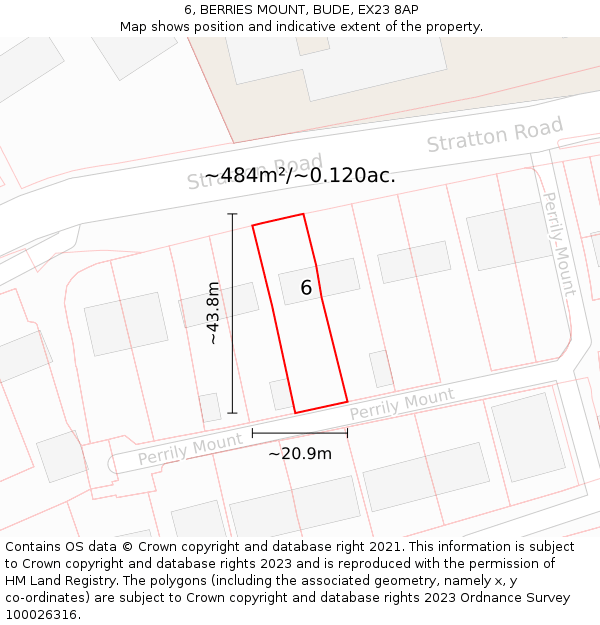 6, BERRIES MOUNT, BUDE, EX23 8AP: Plot and title map